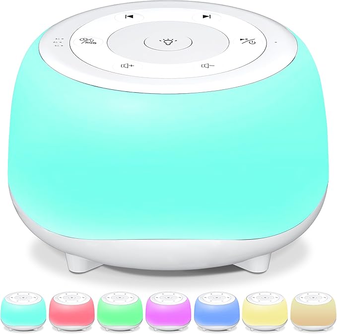 White Noise Sound Machine with 7 Colors Night Light 34 Soothing Sounds, Portable Sound Machine for Baby Adults Kids Sleep with 30 Volume Levels 4 Timers Adjustable Brightness (White) - Bloomnest