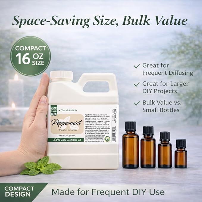 GreenHealth Peppermint Essential Oil – 2 Pack (16 fl oz Each) – 100% Pure & Uncut – White Plastic Jugs – Bulk Essential Oil for Diffusers, DIY, Cleaning Greenals