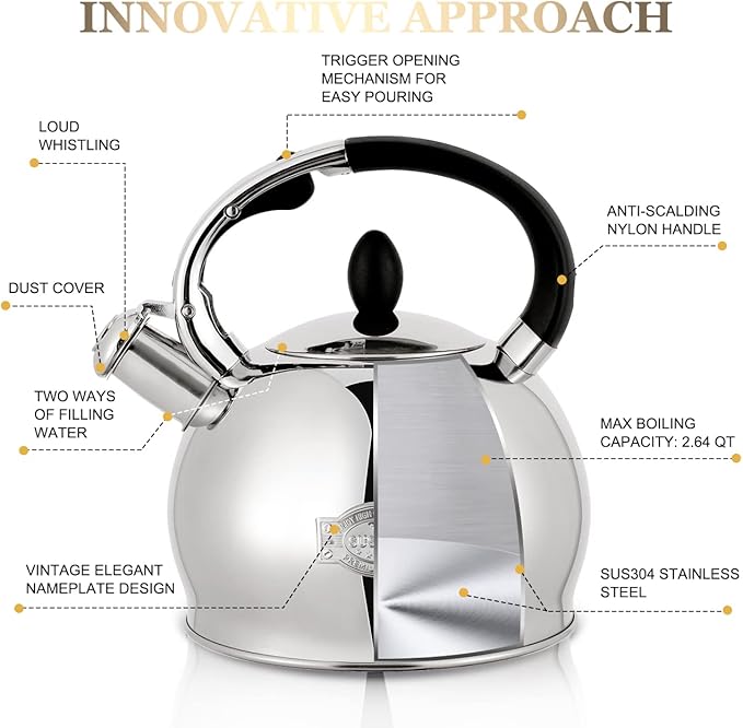 SUSTEAS Stove Top Whistling Tea Kettle - Food Grade Stainless Steel Teakettle Teapot with Cool Touch Ergonomic Handle, With 1 Silicone Pinch Mitt Included,2.64 Quart(SILVER) - Bloomnest