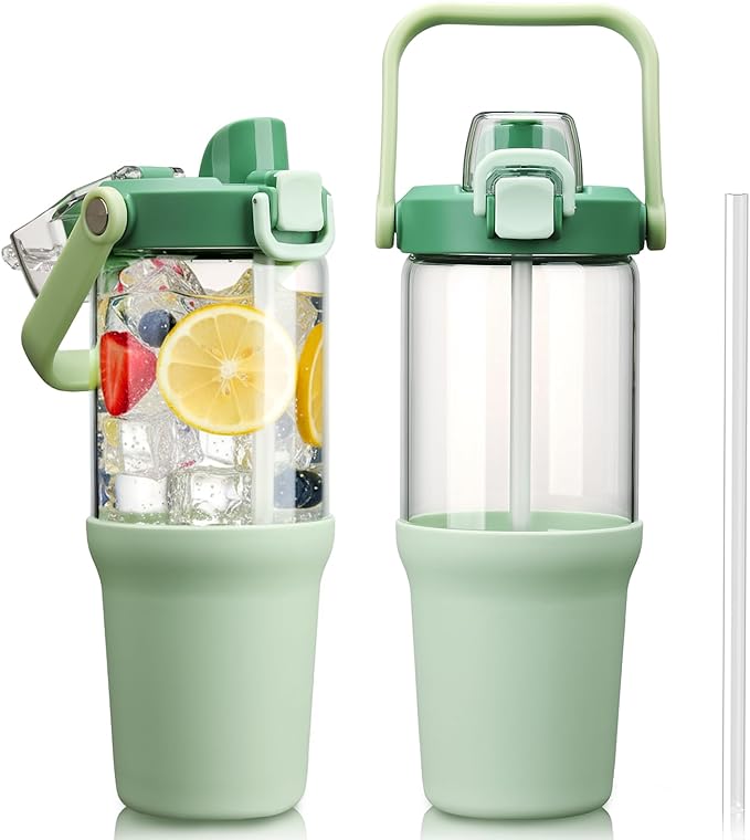 Glass Tumbler with Carry Handle, Clear Glass Water Bottle with Leakproof Lid, Spout Lid&Straw, BPA-Free, 32 oz, Light Green - Bloomnest