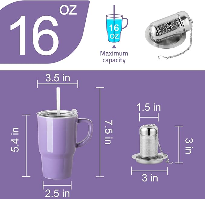 Sweejar Ceramic Travel Mug with Lid, 16 oz Portable Coffee Mug, Dishwasher Safe Tea Cup with Infuser, Reusable Teacup for Car Cup Holder, Tea Lovers(Purple) - Bloomnest