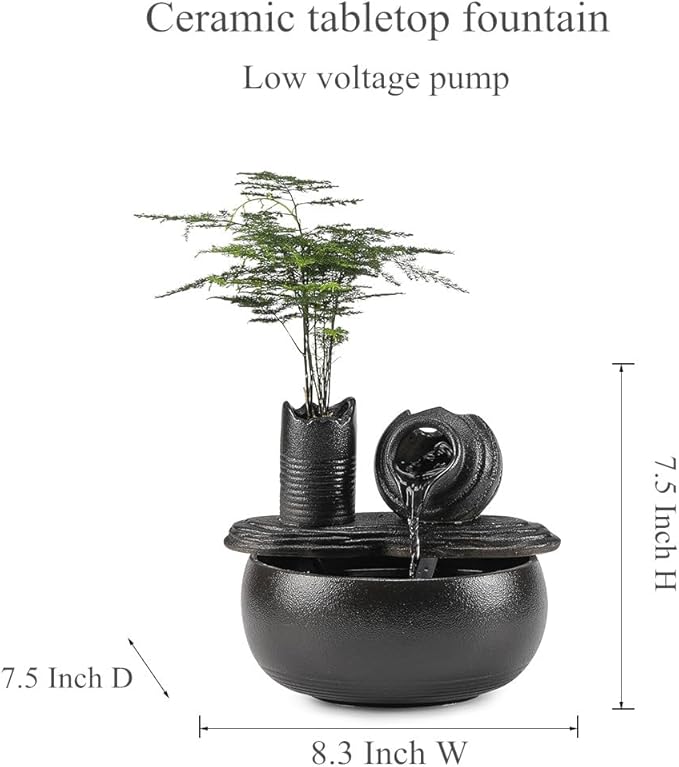 Ceramic Tabletop Fountain Water Feature Fall Indoor and Outdoor Decoration (Black Pot A150) - Bloomnest