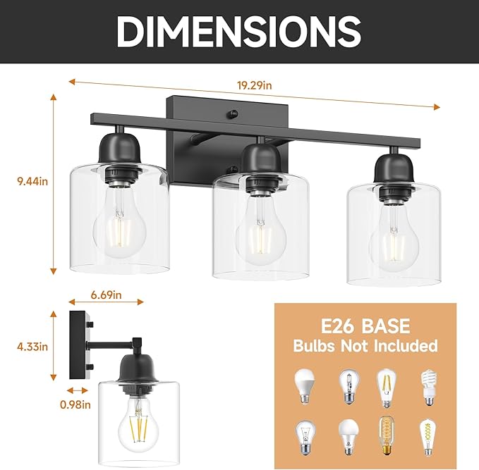 Modern 3 Light Bathroom Light Fixtures, 19 inch Black Vanity Lights for Bathroom with Clear Glass for Mirror Kitchen Living Room Hallway Cabinet Porch - Bloomnest