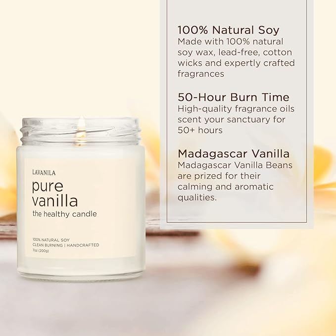 Lavanila Pure Vanilla Scented Natural Soy Candle (2-Pack) - Handcrafted, Clean Burning 50 Hour Burn Time, 7 oz Each - Bloomnest