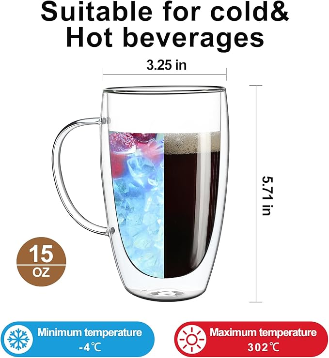 Aurzen 2 Pack Double Walled Glass Coffee Mugs with Handles, Large Insulated Layer Coffee Cups, 15oz Clear Borosilicate Mugs, Perfect for Cappuccino, Tea, Microwave Safe - Bloomnest