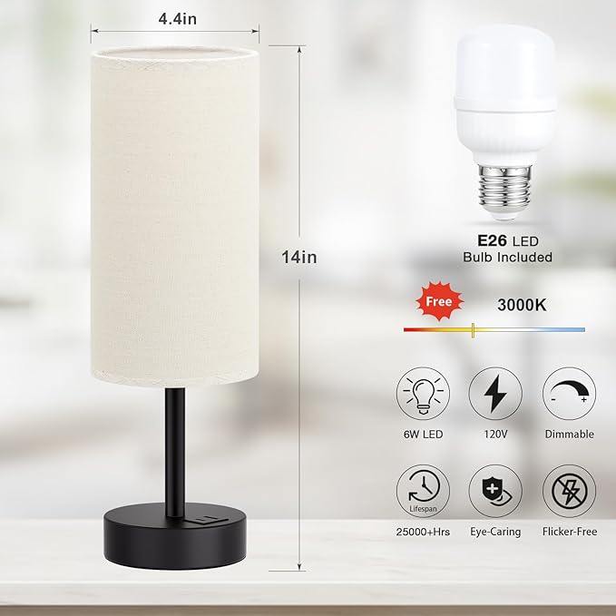 Dicoool Beige Touch Lamp for Bedroom with USB - 3 Way Dimmable Table Lamp for Nightstand, Small Lamp with Black Charging Station for Desk Dorm, Office, Nursery - Bloomnest