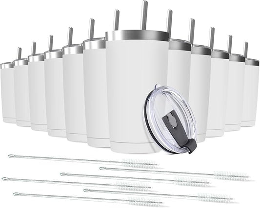 12 pack 20 oz Stainless Steel Insulated Tumbler with Straw and Lid, Double Wall Travel Coffee Mug Vacuum Insulated Bulk Tumbler, Suitable for Vehicle Cup Holders （White）