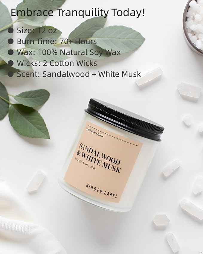 Hidden Label Sandalwood & White Musk Scented Candle - 12oz Natural Soy Non Toxic 70H Burn Time 2 Wick Aromatherapy Candle for Home Decor,Stress Relief & Relaxation - Bloomnest