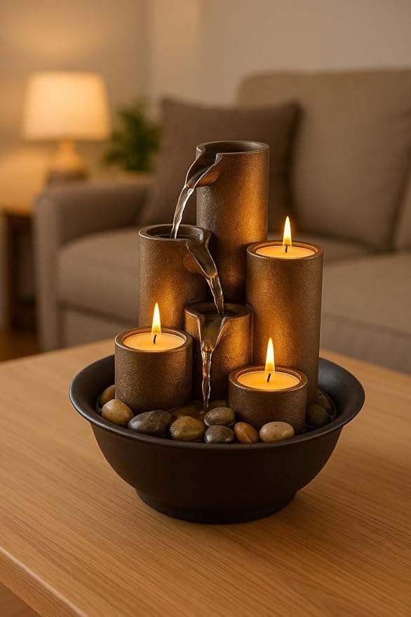 Alpine Corporation WCT202 Indoor Tabletop Tiered Water Fountain Featuring 3 Candles for Desktop and Table, 11", Brown - Bloomnest