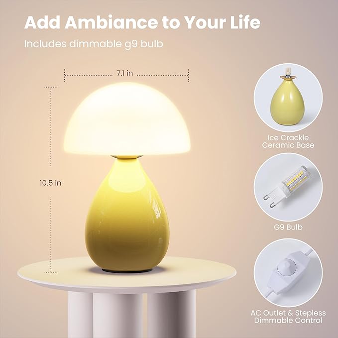 Mushroom Lamp Bedside, Mini Modern Lamp Small Vintage Table Nightstand Light, Small Light Dimmable for Bedroom, Living Room, Ceramic Base Glass Led Home Decor for Woman Children Gift - Bloomnest