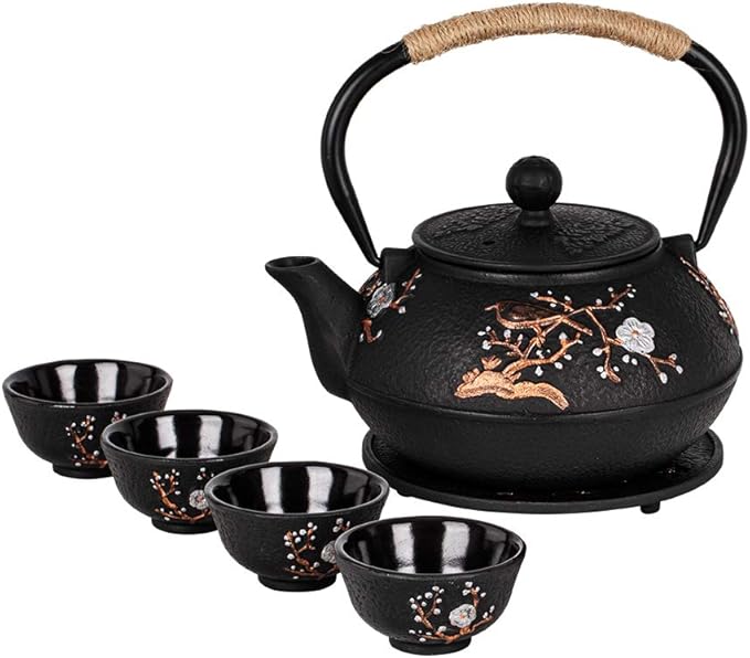 Cast Iron Teapot with Tea Cups Trivet Japanese Style Tetsubin Tea Kettle with Infuser Iron Tea Set Gift for Adult Father Mother Family (Black,Magpie on the Plum Design) - Bloomnest