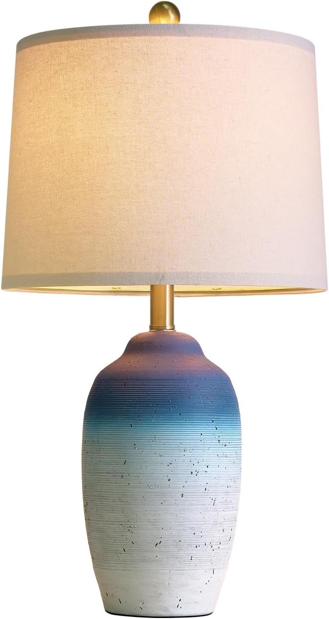 24.5" Vintage Ceramic Table Lamp - Single Farmhouse Rustic Bedside Lamp with Natural Textured Finish, Nightstand Lamps for Living Room, Bedroom, End Table, Office White and Blue - Bloomnest