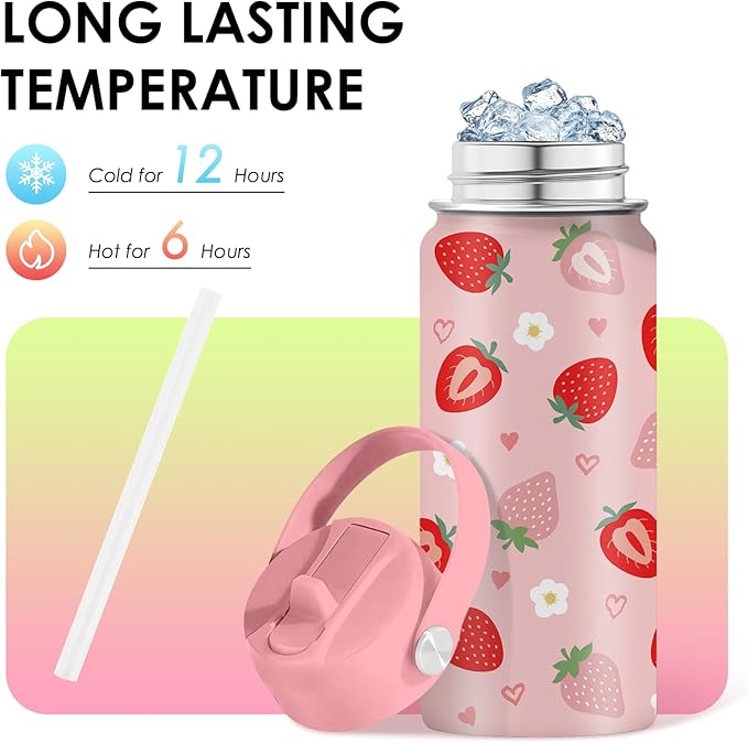 16oz Insulated Water Bottle with Handle & Flip Straw Strawberry-Themed Tumbler, Stainless Steel Heart-Shape Themed Mugs, Gifts for Girls Coworkers, Friend, Travel Cup - Bloomnest