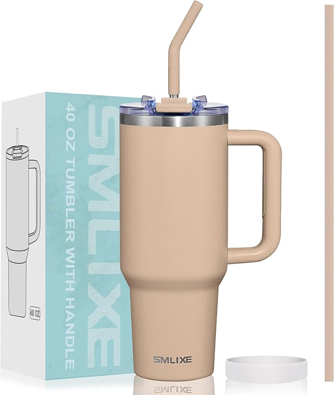40 oz Tumbler with Handle and Straw Lid,Insulated Reusable Stainless Steel Water Bottle Travel Mug，Cupholder Friendly Double Wall Vacuum Sealed Cup (Mocha) - Bloomnest