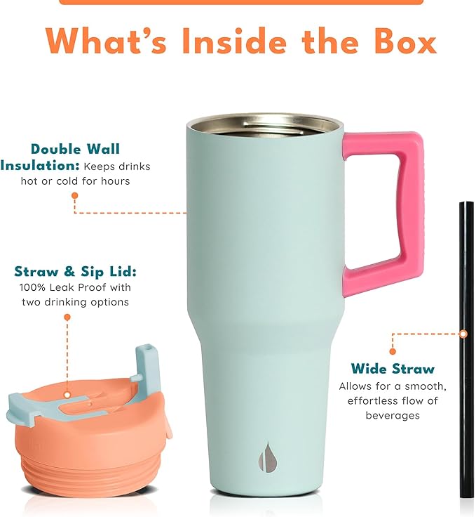 Elemental 32 oz 100% Leak Proof Tumbler with Handle & Straw - Stainless Steel Double Wall Insulated Tumbler for Hot and Cold Beverages - Travel Coffee Mug with Sip & Straw Lid - Mint Sorbet - Bloomnest