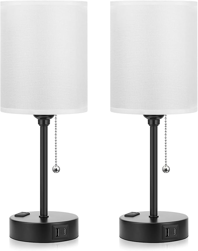 Bedside Table lamp for Bedroom Set of 2-3 Color Temperatures Small Lamps with USB C and A Ports, Pull Chain Table Lamps with AC Outlet, White Nightstand Lamps with Black Metal Base for Kids Reading - Bloomnest