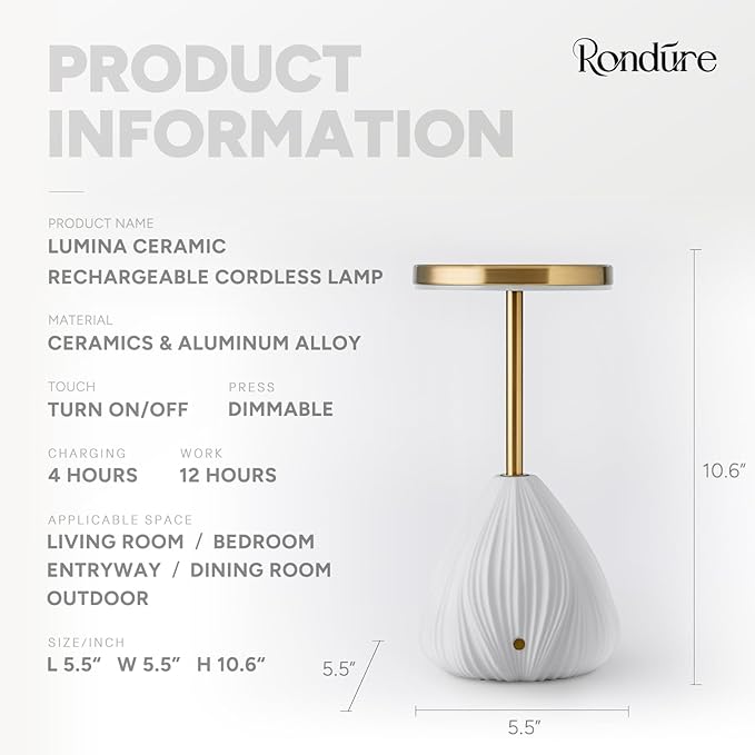 RONDURE 10.6" Ceramic Cordless Table Lamp, Portable Rechargeable Table lamp, Touch Dimmable Warm Ambient Lighting for Living Room, Bedroom, Dining Room, Fast Charging & Long Lasting - Bloomnest