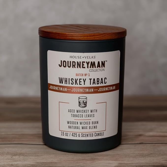 Journeyman Collection Candle, 15oz, Wooden Wick, Whiskey Tabac, Large Painted Jar - Bloomnest