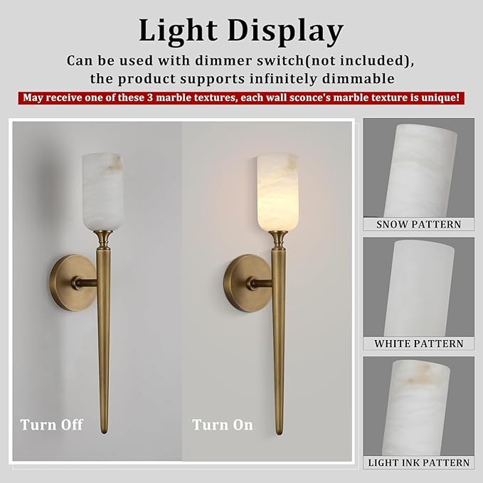 Alabaster Wall Sconce 22in Antique Brass Sconces Wall Lighting, Imported in Spain Natural Alabaster, Bathroom Sconce Gold Sconces Wall Decor, for Living Room Dining Room Hallway Bedside Staircase - Bloomnest