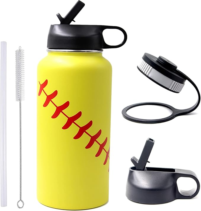 32 oz Softball Water Bottle, Wide Mouth Sports Flask Metal Travel Tumbler with 2 Lids, Stainless Steel Double Wall Vacuum Insulated Leak Proof Thermo Water Bottles, Softball Stuff Gifts for Mom Girls - Bloomnest