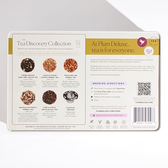 Tea Discovery Collection Assorted Tea Gift Set - 5 Hand-Crafted Loose Leaf Teas, Presentation Gift Box with Loose Leaf Steeper Included - Mixed Caffeine - 5 Unique and Flavorful Teas - 75 Cups - Bloomnest