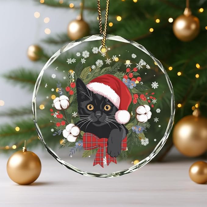 Black Cat Glass Ornament – Handcrafted Hanging Decoration, Elegant Keepsake with Unique Black Cat Design, for Home, Holiday Tree, or Special Occasion - Bloomnest