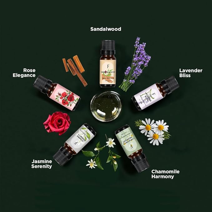 Folkulture Essential Oils for Home | Set of 5 (0.34 fl oz x 5) Sandalwood Essential Oil or Rose Diffuser Oils for Relaxation | Lavender Essential Oil or Chamomile Oil Scents | Jasmine Oil for Women - Bloomnest