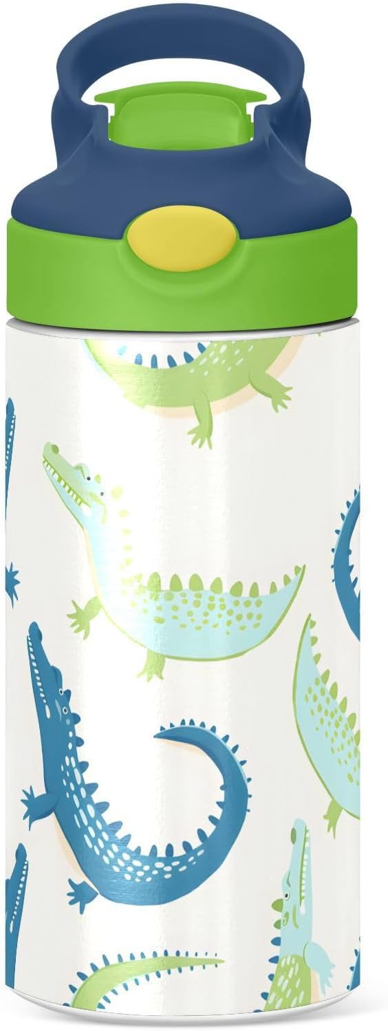 Alligator White Pattern Kids Water Bottle with Straw Lid Insulated Tumbler with Handle Stainless Steel Reusable Toddlers Cup for Kids Boys 12 oz - Bloomnest