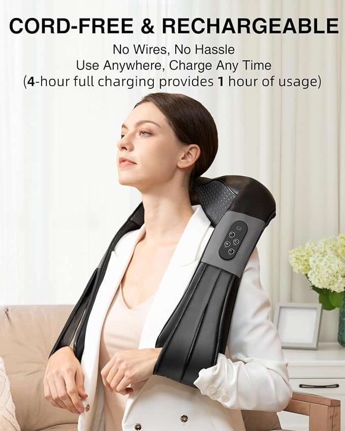 Nekteck Cordless Shiatsu Neck and Back Massager with Soothing Heat, Rechargeable Electric Deep Tissue 3D Kneading Massage Pillow for Shoulder Leg Body Muscle Pain Relief, 3 Speed Intensities