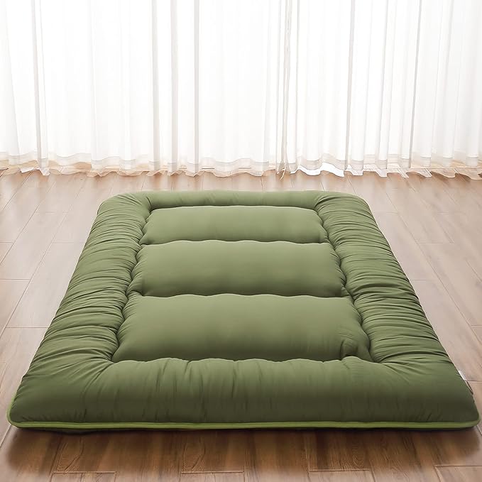 Japanese Floor Mattress, Futon Mattress with Portable Storage Bag and Washable Cover, Roll Up Thick Tatami Mat Suitable for Camping, Guest Room, Green, Twin - Bloomnest