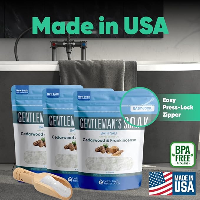 Gentleman's Bath Salt (3-Pack Plus Scoop) Bath for Men with Pure Essential Oils in BPA Free Pouch with Press-Lock Seal Made in USA 3-Pack of 2-lbs, 6-lbs Total - Bloomnest