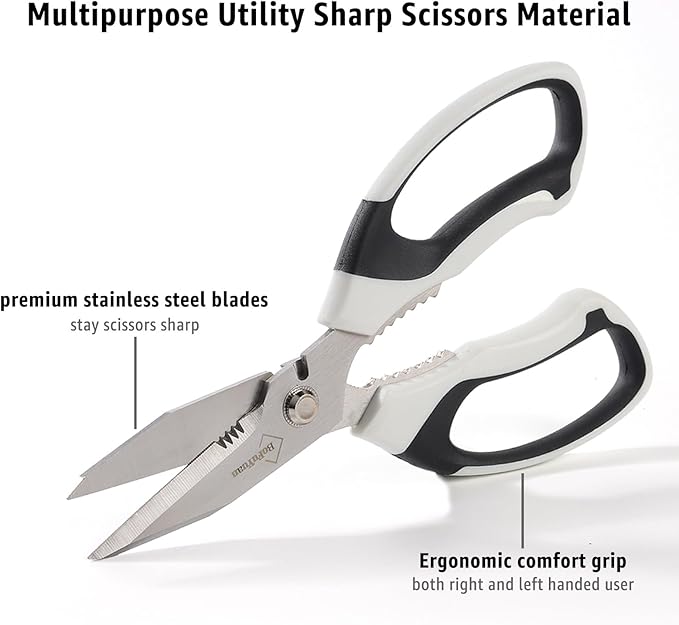 8-Inch Heavy Duty Utility Scissors All Purpose, Serrated Blade, White Comfort Grip for Cutting Carpet, Cardboard, Leather, Fabric, Multipurpose Sharp Shears for Kitchen, Garden, Office, Carft - Bloomnest