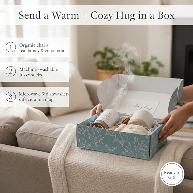 UnboxMe Tea Gift Basket Care Package for Women - Self Care Box with Cozy Socks, Mug, Chai Tea, Honey & Cinnamon, Get Well Soon, Thinking of You - Bloomnest