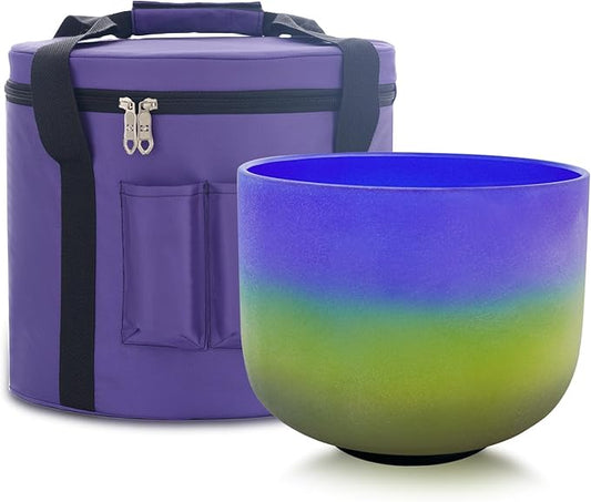 KVKA 8 Inch A Note Third Eye Chakra Rianbow Color Frosted Quartz Crystal Singing Bowl with Suede stiker and Carrying Carrier for Yoga Sound Musical Instrument - Bloomnest