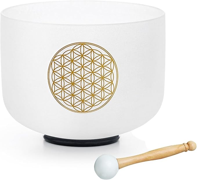 Hye-eun 528HZ 8 Inch C Note Flower of Life Crystal Singing Bowl Sound Healing Meditation Crystal Bowl Sound Bath Bowl Sound Bath Singing Bowl (Gold without bag)