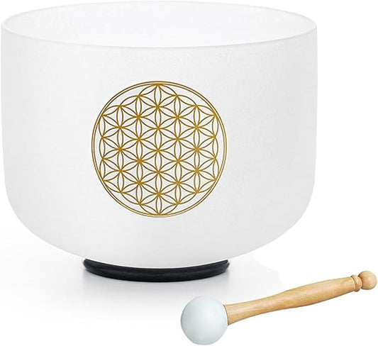 Hye-eun 528HZ 8 Inch C Note Flower of Life Crystal Singing Bowl Sound Healing Meditation Crystal Bowl Sound Bath Bowl Sound Bath Singing Bowl (Gold without bag)