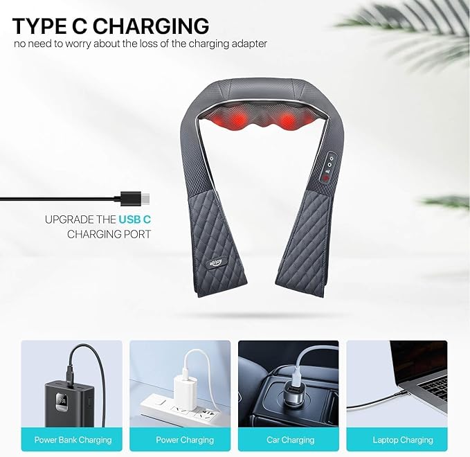 Cordless Shiatsu Neck Massager with Heat – Rechargeable Massager for Neck and Shoulder Pain with 8 Deep Kneading Nodes, Back Massager for Home Office Outdoor - Christmas Gifts for Mom Dad Men Women - Bloomnest