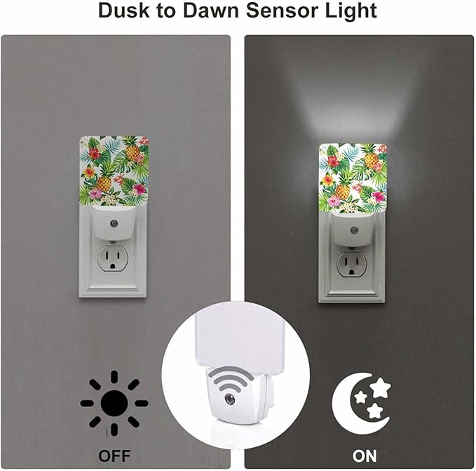 LED Night Light,Summer Hawaiian Botanical Floral Pineapple Flower LED Night Light Plug into Wall with Dusk to Dawn Light Sensor White Energy Efficient Nightlight for Bedroom Hallway Kitchen - Bloomnest