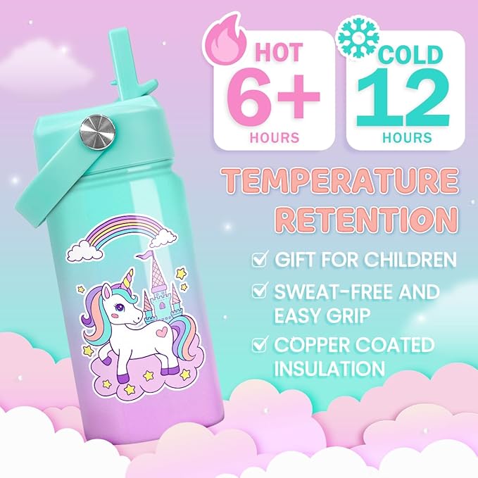 Unicorn Water Bottle - Kids Water Bottle with Straw Lid - 12 Oz Insulated Stainless Steel Ocean Water Bottles for Kid Girl- Travel Cup for School Sports - Bloomnest