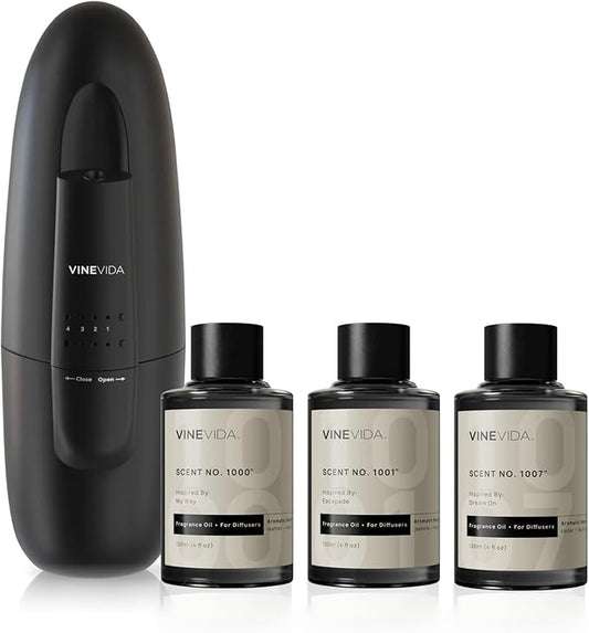 VINEVIDA Waterless Diffuser and 3 Top Selling Hotel Fragrance Oils - Essential Oil Diffuser for Home - Room Fragrance Air Diffuser [Black Aroma Diffuser] - Bloomnest