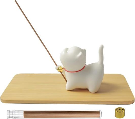 Upgraded Package Incense Holder Handmade Ceramic Cat, Incense-Stick Holder with Sticks, Bamboo Mat and Brass Incense Stand, Cute Cat Insence Burner Holder for Meditation Yoga Massage Home Decor Gift - Bloomnest