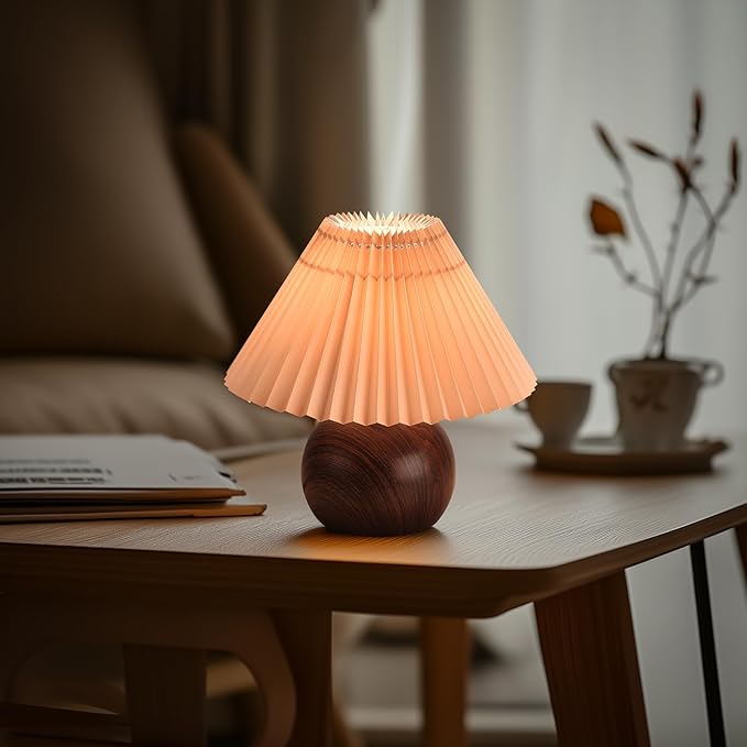 KUNJOULAM Retro Pleated Table Lamp, Modern Bedside Nightstand Lamp with Brown Shade, 5.9” Metal Base for Bedroom, Home Office, Living Room, Kids Dorm Without Bulb - Bloomnest