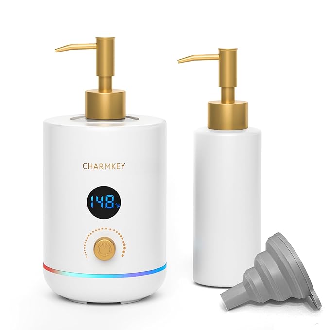 CHARMKEY Massage Oil Warmer White, 2 Oil Bottle Dispensers & 2 Silicone Funnels, Digital Heater for SPA, Oil Lotion Cream for Salon, Barber Shops, Home - Bloomnest