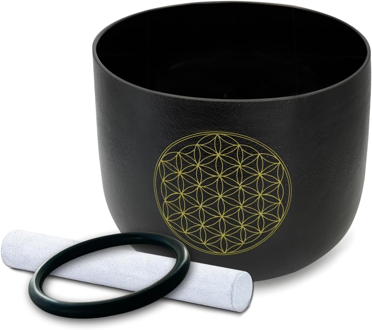 9 inch F Note Flower of Life Black Crystal Singing Bowl Heart Chakra Meditation Sound Healing with Suede Mallet Striker O-ring