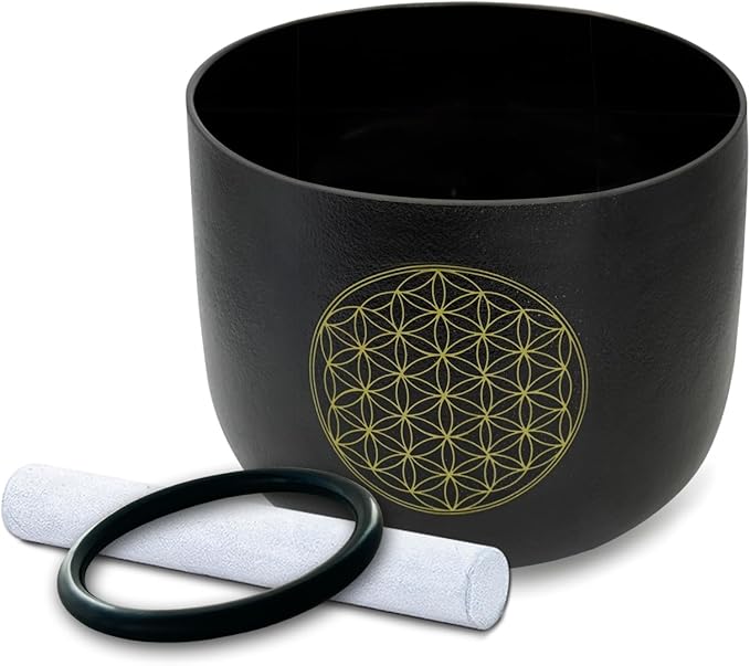 9 inch F Note Flower of Life Black Crystal Singing Bowl Heart Chakra Meditation Sound Healing with Suede Mallet Striker O-ring - Bloomnest