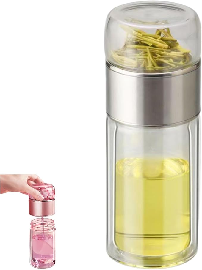 Nhdap Teava 3-In-1 Smart Tea Infuser, Tryteava Portable Leak-Proof Glass Infuser Bottle for Loose Leaf Tea, Double Layer Water Cup Separation Teapot With Strainers for Office, Travel (Sliver, 420ml) - Bloomnest