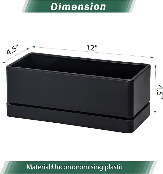 D'vine Dev 12 Inch Window Box Planter, Rectangle Plastic Herb Planter with Drainage Holes and Saucer, Indoor Succulent Cactus Vegetable Pot for Windowsill, Garden Balcony, Black, Set of 2, 76-X-B-2 - Bloomnest