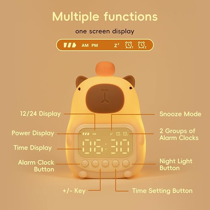 Capybara Alarm Clock with Night Light for Kids, Cute Toddler Alarm Clocks for Bedrooms Ok to Wake Clocks for Girls and Boys, Silicone Animal Tabletop Lamp for Kid, RGB Color - Bloomnest