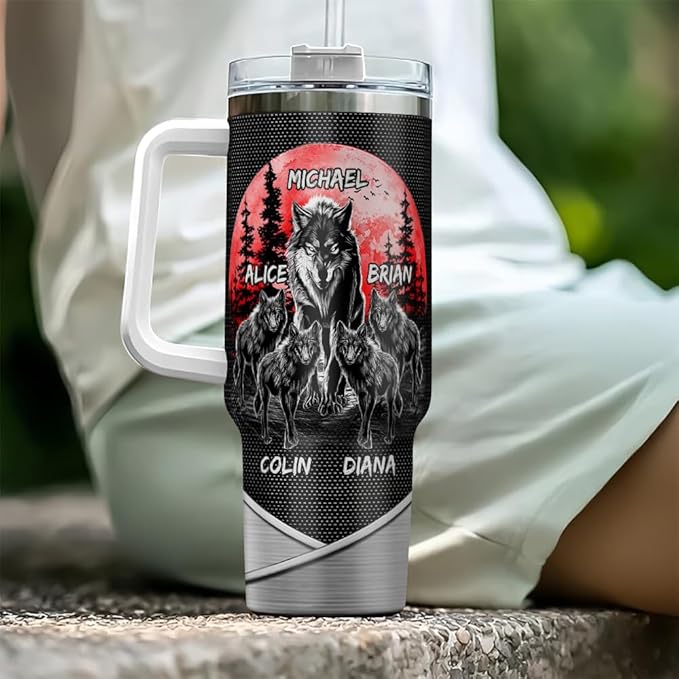 Personalized Dad Wolf Pack Tumbler 40oz with Handle and Straw, Custom Name Stainless Steel Cup with Wolves and Kids' Names, Unique Gift for Father’s Day, Birthday or Christmas - Bloomnest