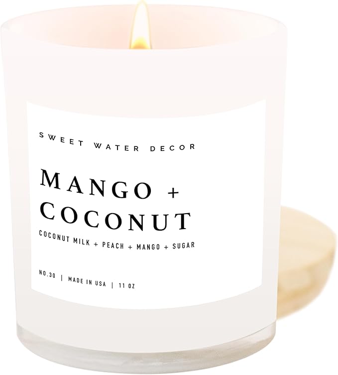 Sweet Water Decor Mango and Coconut Candle - Soy Pineapple, Mango and Orange Scented Summer Candles for Home - 11oz White Glass Jar and Wood Lid, 50+ Hour Burn Time, Made in The USA - Bloomnest